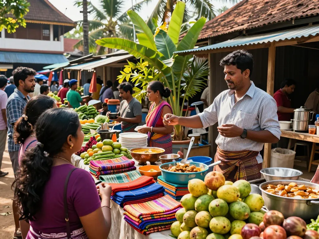 Colorful marketplace scene showcasing Lanka Add with traditional crafts and lively vendors in Sri Lanka