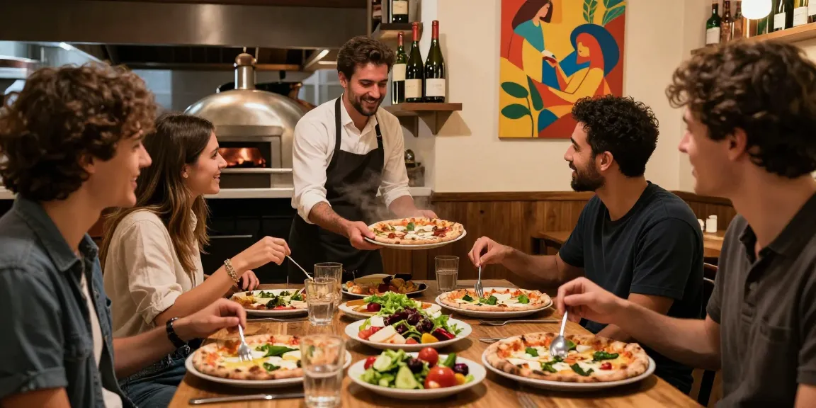 Friends enjoying authentic Italian pizza and pg soft beverages in a cozy pizzeria atmosphere.
