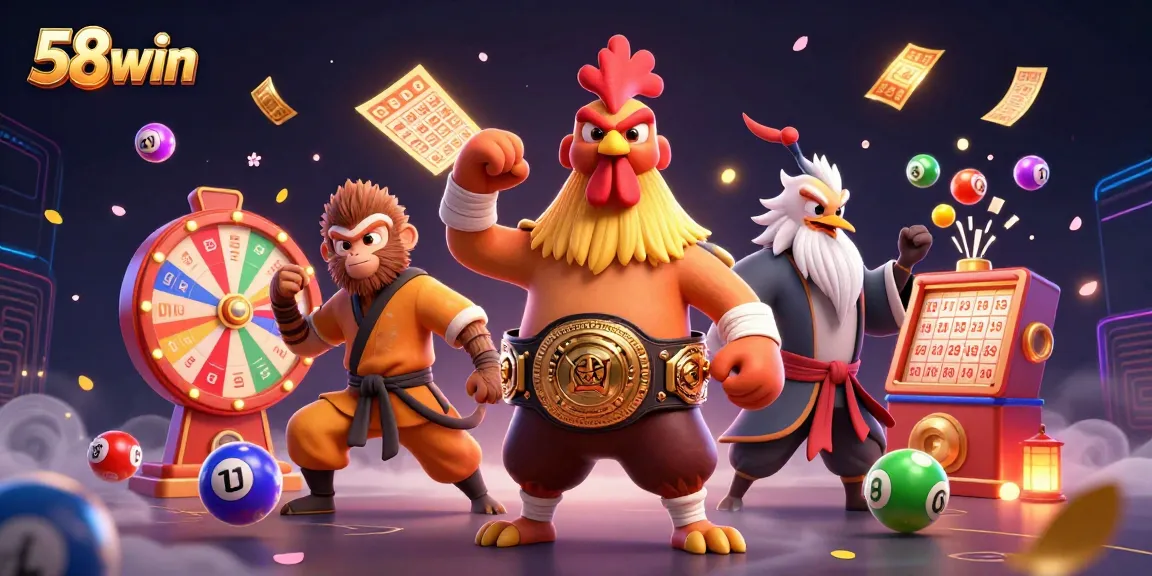 Engage with thrilling gameplay at 58win as cartoon characters celebrate exciting lottery wins amidst dynamic casino elements.