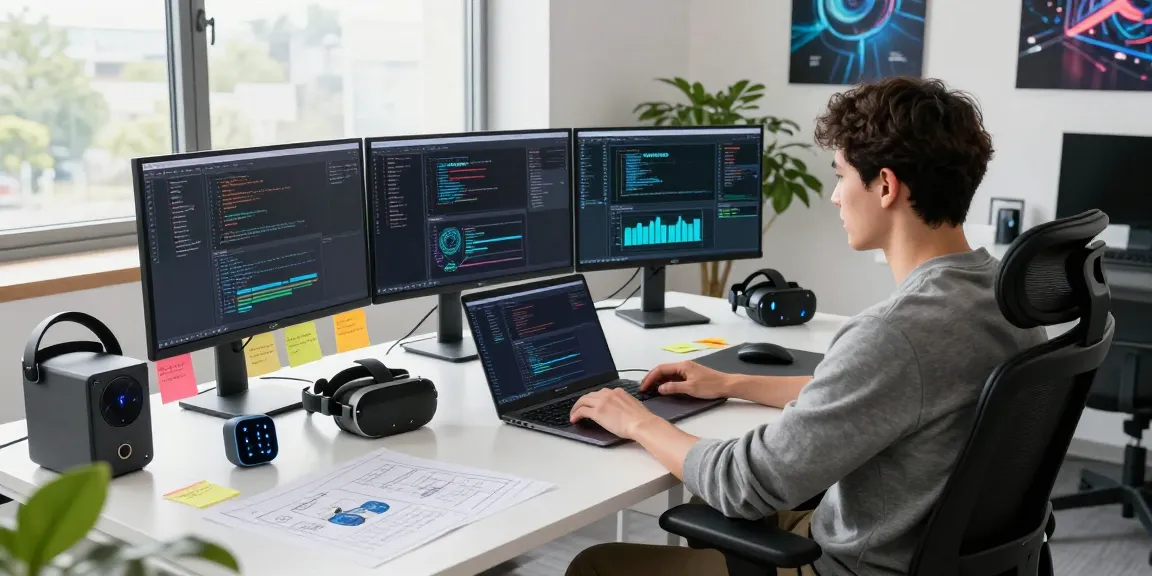 NAGA2000 software engineer in a high-tech workspace coding with multiple screens and modern gadgets.