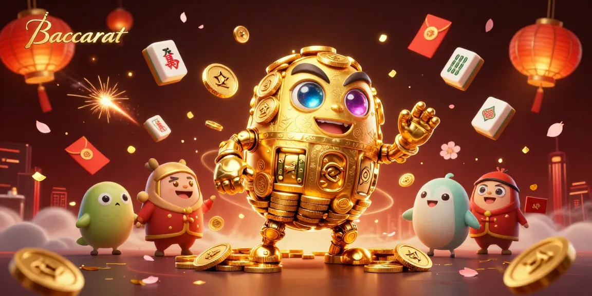 Baccarat game art showcasing a golden golem surrounded by vibrant casino elements and festive décor