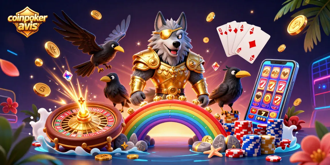 Appréciez le casino virtuel de CoinPoker avec cette illustration dynamique remplie de symboles de gains.