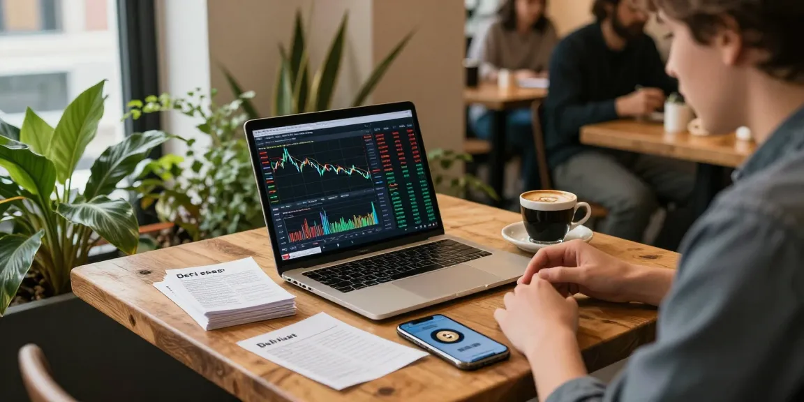 spy stock price analysis on laptop in a modern coffee shop, cryptocurrency trading scene with Bitcoin charts and wallet app