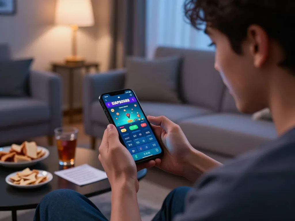 Player engaged with the SIAPBOS88 app for mobile gambling in a cozy home setting