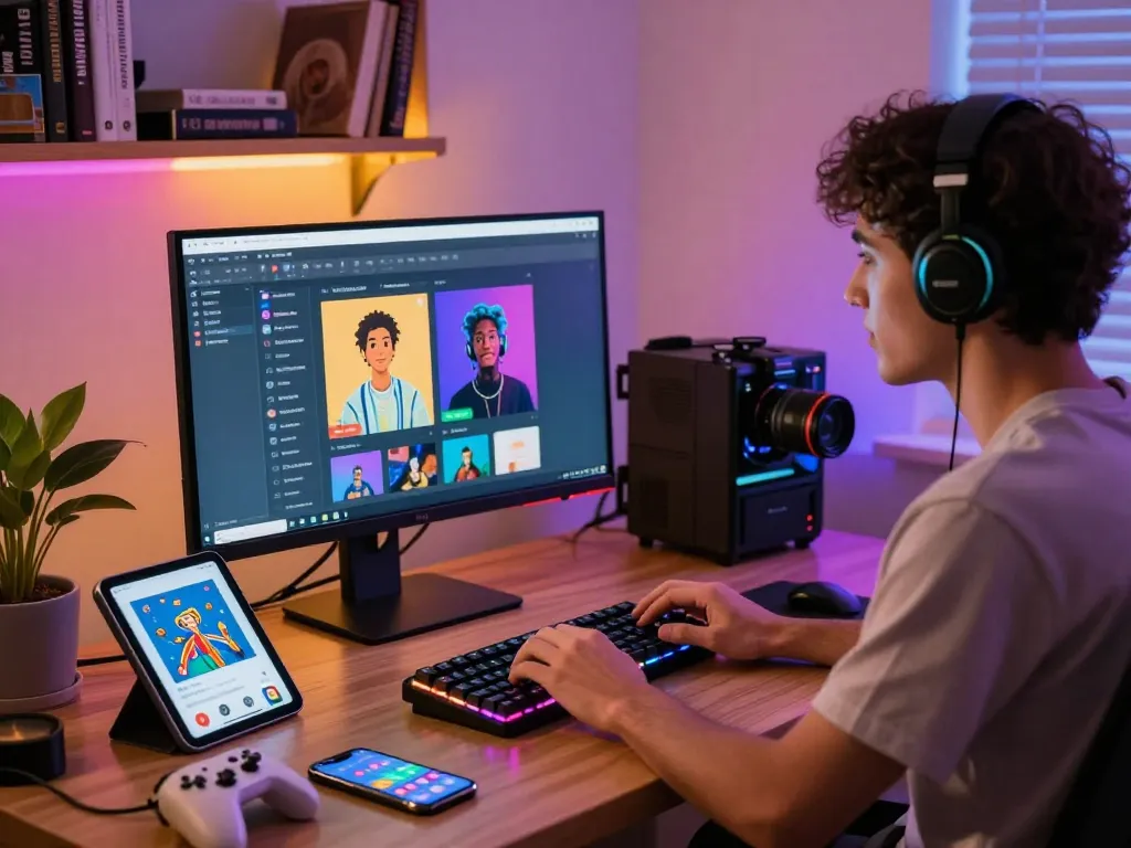 Engaged user exploring nsfw AI content in a vibrant home office setting with multiple tech gadgets.