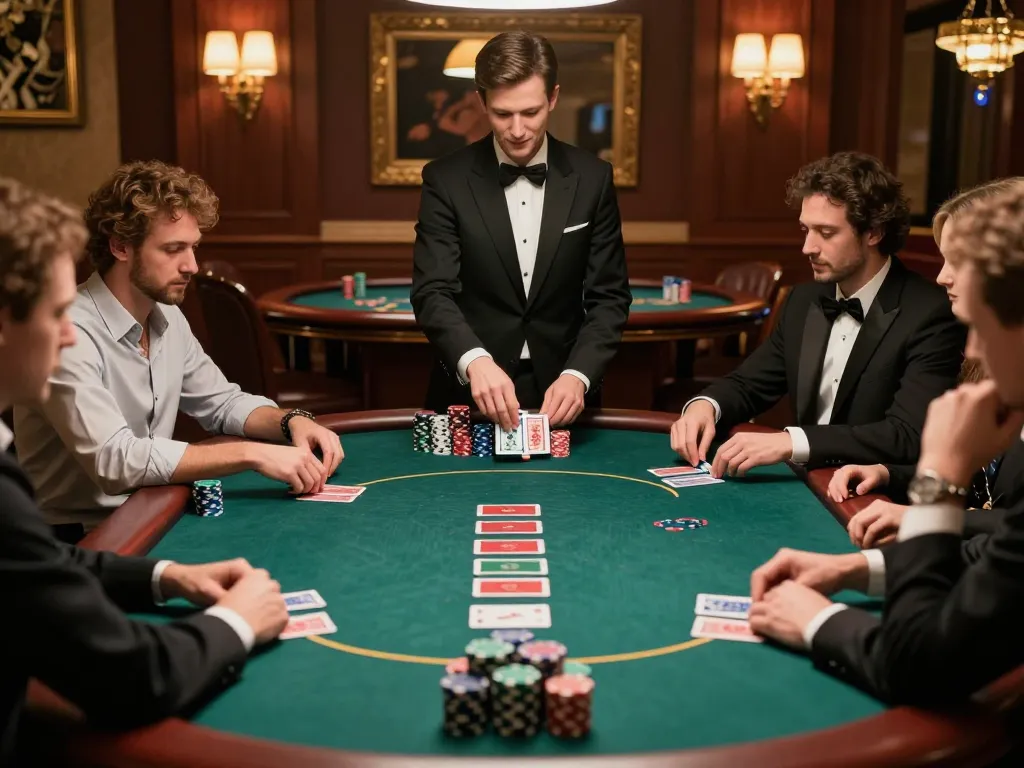 Engaging high-stakes poker game at https://tip88.buzz/ with focused players and dealer.