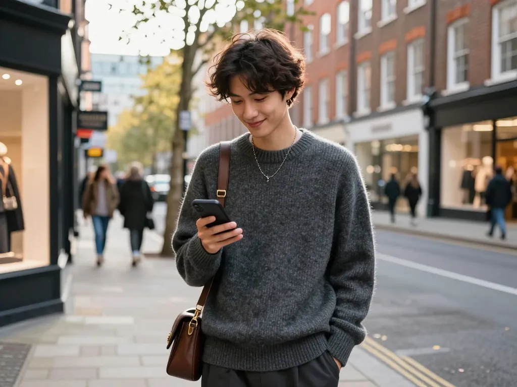 Fashionable person showcasing cozy style with charcoal wool blend jumper in a vibrant city setting on revelcollective.myshopify.com