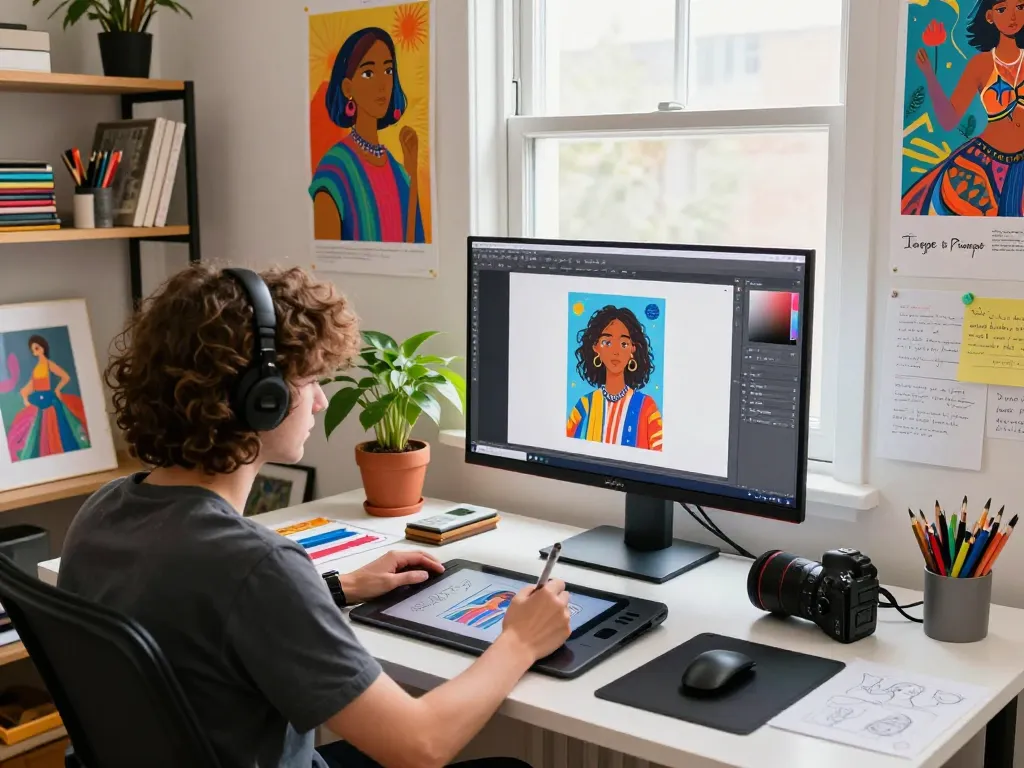 Digital artist using the image to prompt tool in a cozy workspace with vibrant art and natural light.