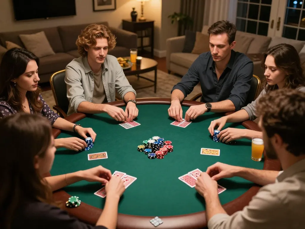 Friends enjoying a thrilling poker game at home while strategizing on https://ta88.nl/ with excitement.