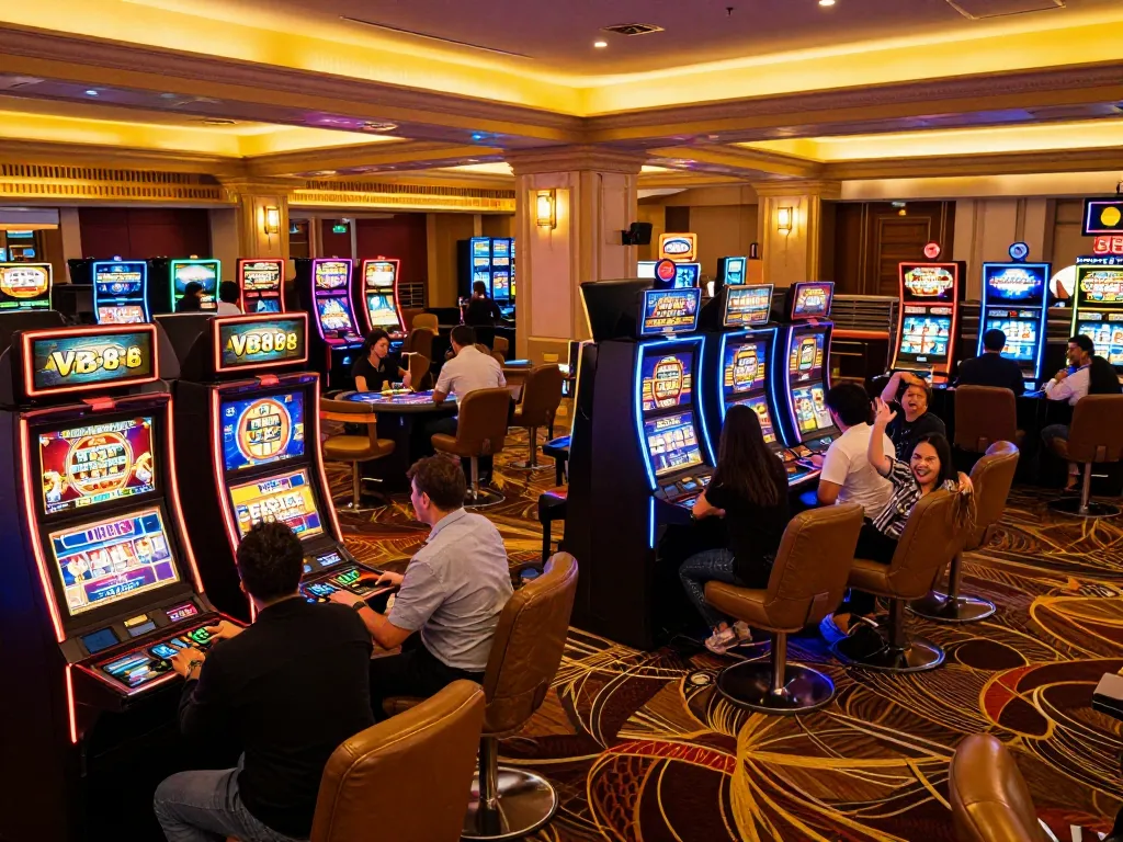 Immersive casino atmosphere at https://vb88.llc/ with vibrant slot machines and engaged players celebrating wins.