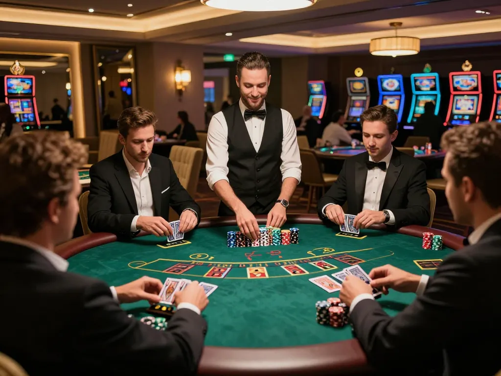 Engaged players at https://five88.miami/ enjoying a thrilling blackjack game in a bright casino setting