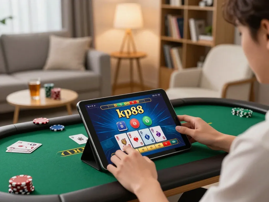 Engaging in kp88 casino gaming at home, showcasing a live dealer blackjack game on a tablet with cozy ambiance.