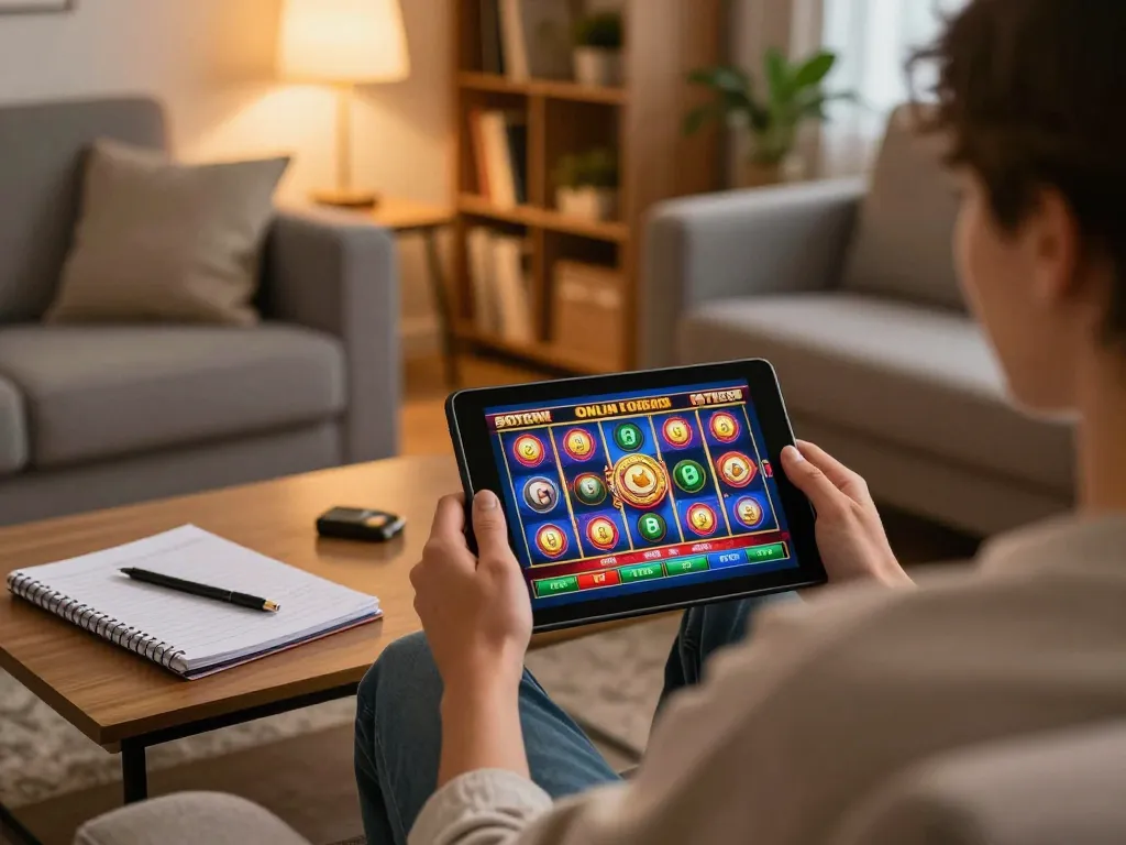Player enjoying 98win online slots on a tablet in a cozy home setting, showcasing engaging gameplay.