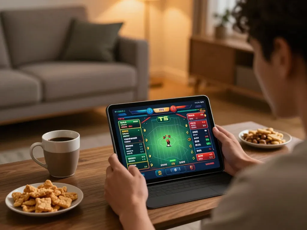 Engaging in sports betting on a tablet in a cozy setting while using sky88 for live odds.