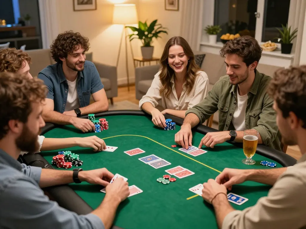 Gathered friends play poker at home, enjoying social gaming night with 789win strategies.