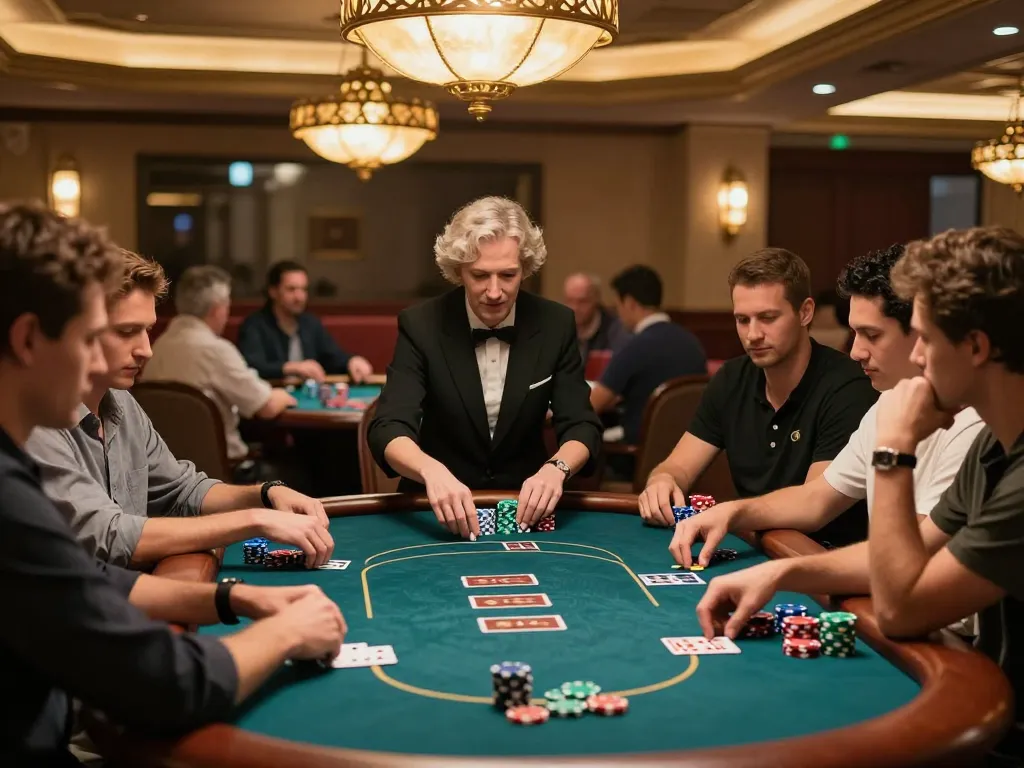 Players engage in intense poker action at TG88 casino, vibrant atmosphere filled with colorful chips and warm lighting.