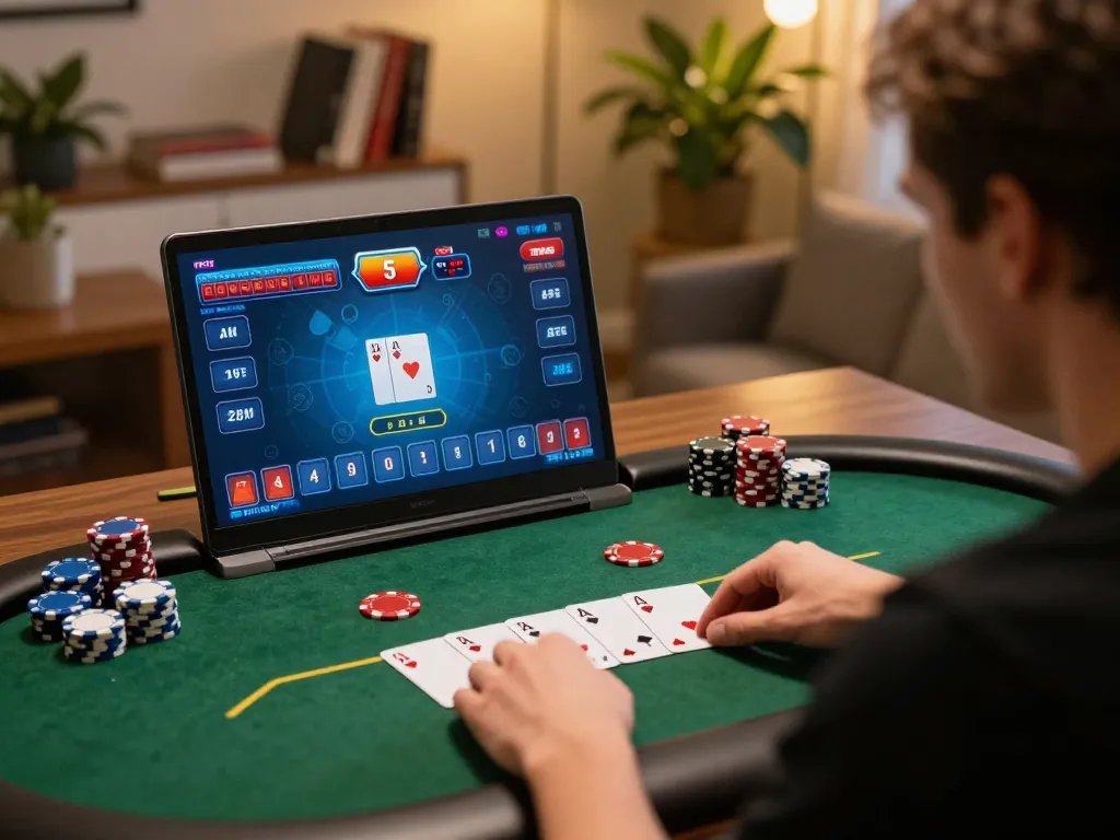 Player experiencing the excitement of alo8's poker game at home, balancing fun and responsible gambling