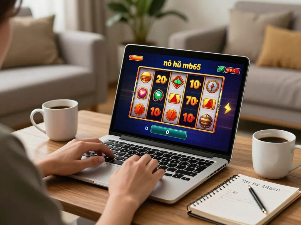 Engaging in nổ hũ mb66 gaming on a laptop with vibrant slot reels and cozy home setting.