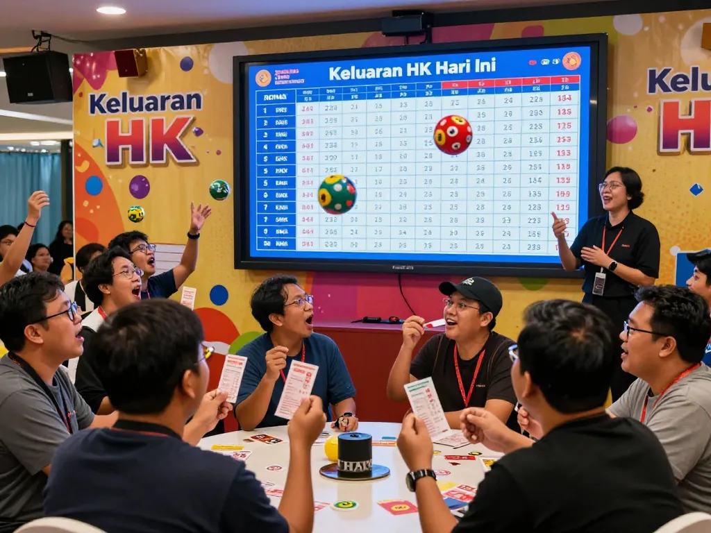 Keluaran HK live draw event with players cheering, lottery results on screen, vibrant atmosphere.