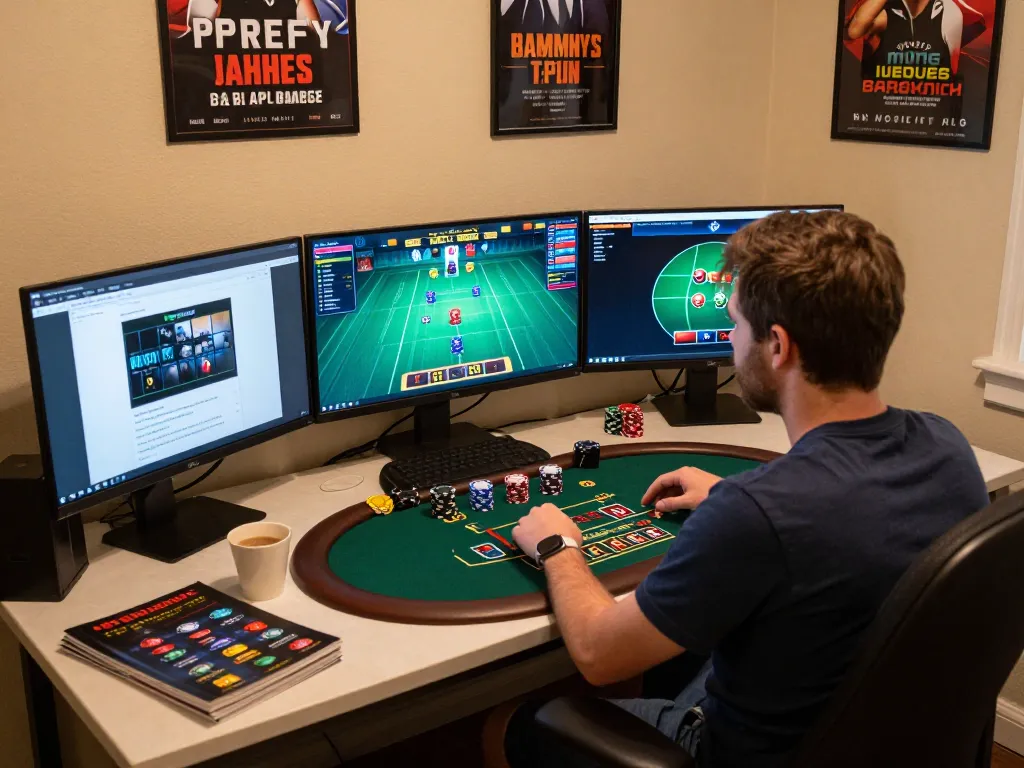 Onbet player enjoying a live dealer blackjack session on dual monitors, showcasing an engaging home gaming environment.