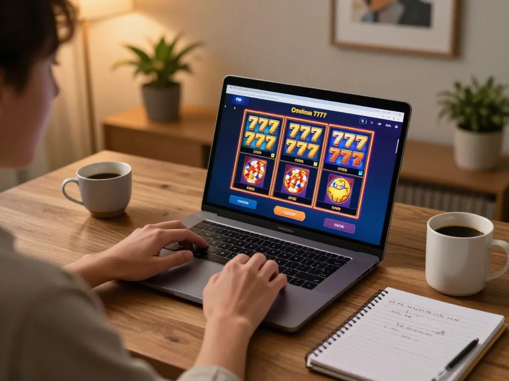 Engaging in slot777 gameplay on a warm home setup, person using a laptop with gaming notes.