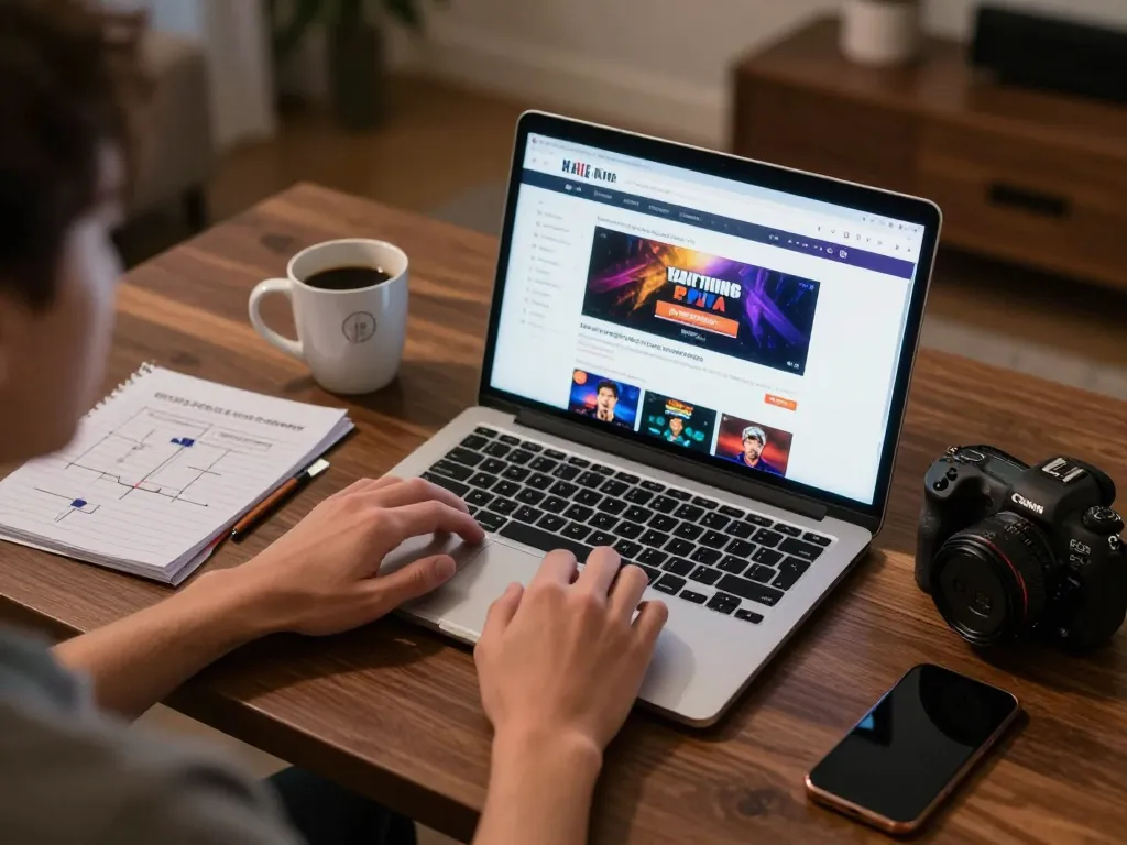 Engaged player enjoying a white label casino experience on a laptop at home, emphasizing a cozy atmosphere with gaming notes and coffee.