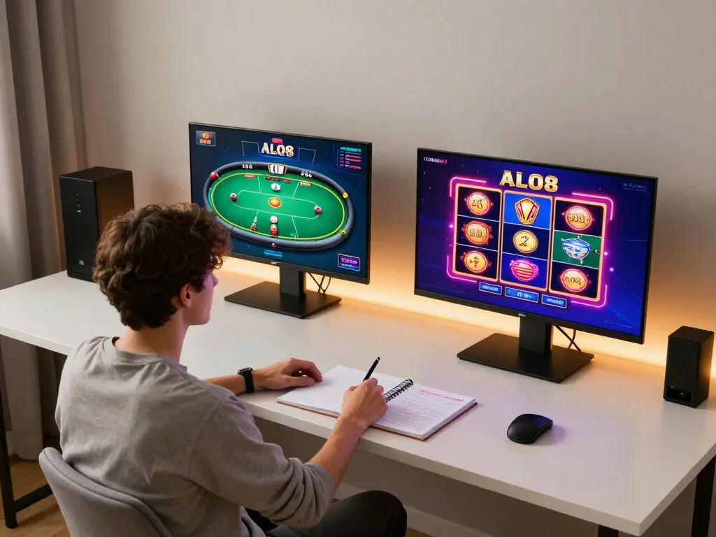 Engaging in ALO8 online poker game with multiple screens and warm ambiance, showcasing modern gambling.
