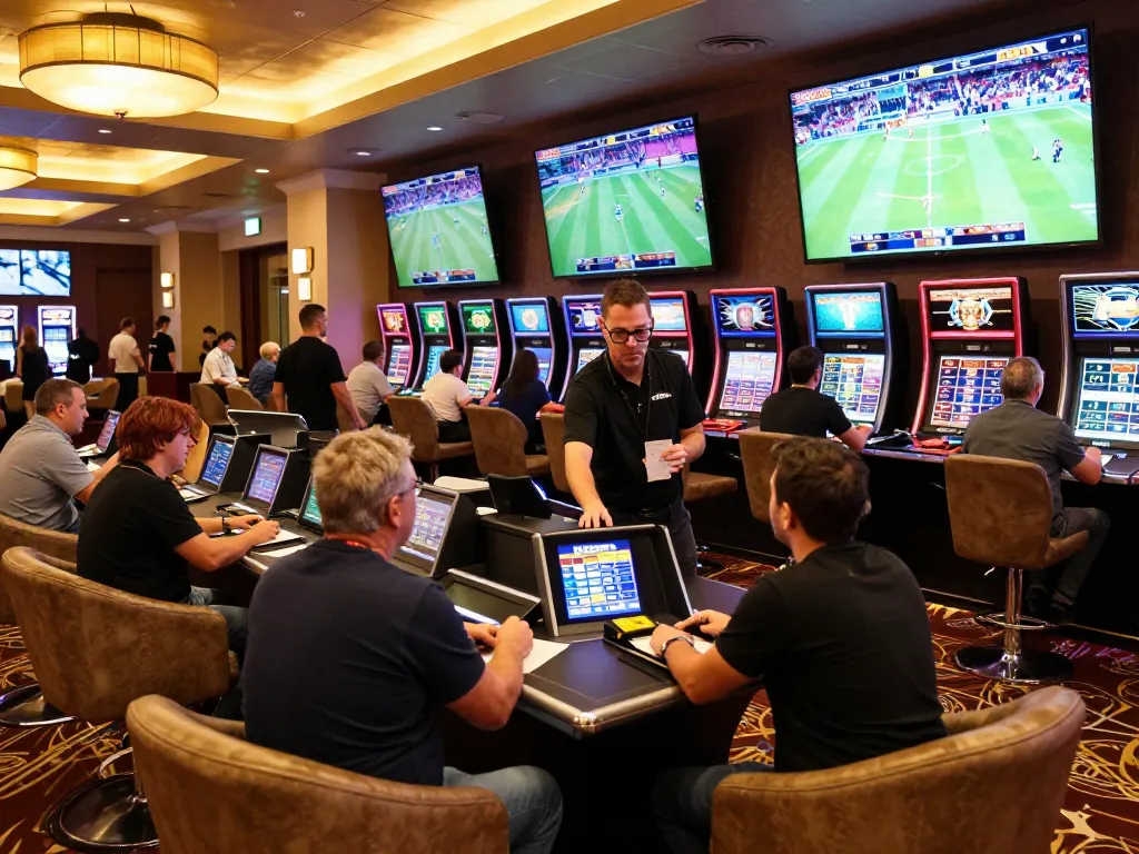 Excited gamblers placing bets through nhandinhkeonhacai in a lively sports betting lounge with multiple screens.