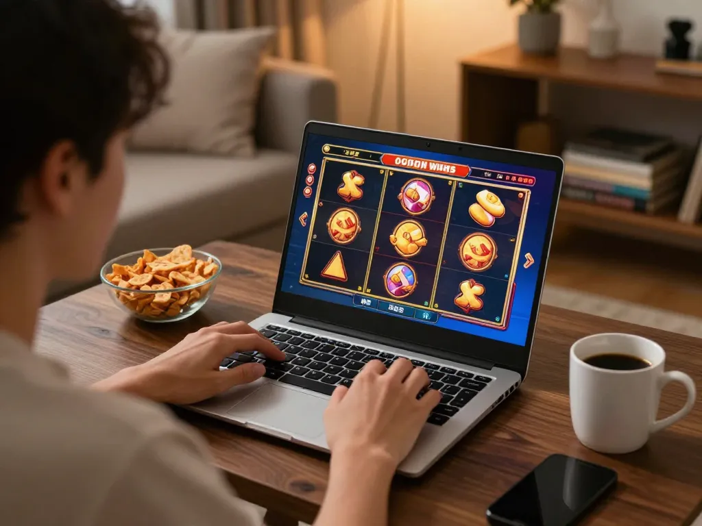 Engaged player enjoying online slot games at home, showcasing 98win's user-friendly interface.