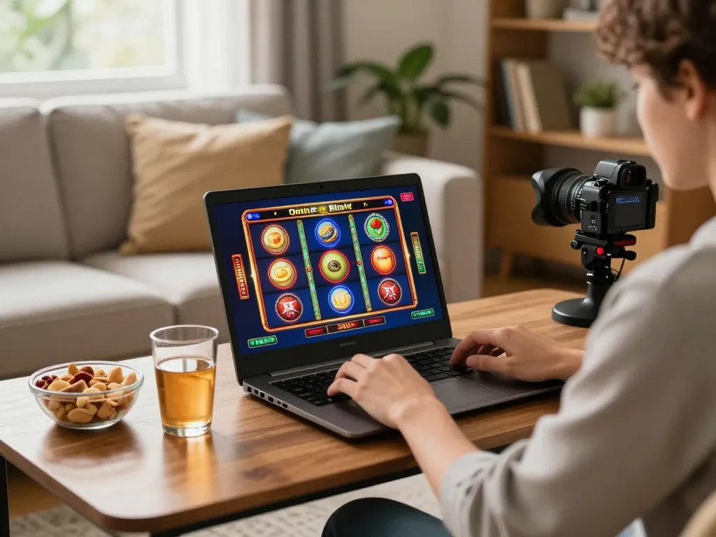 Player engaging in online slots at home on TR88, showcasing vibrant game graphics and a cozy atmosphere.