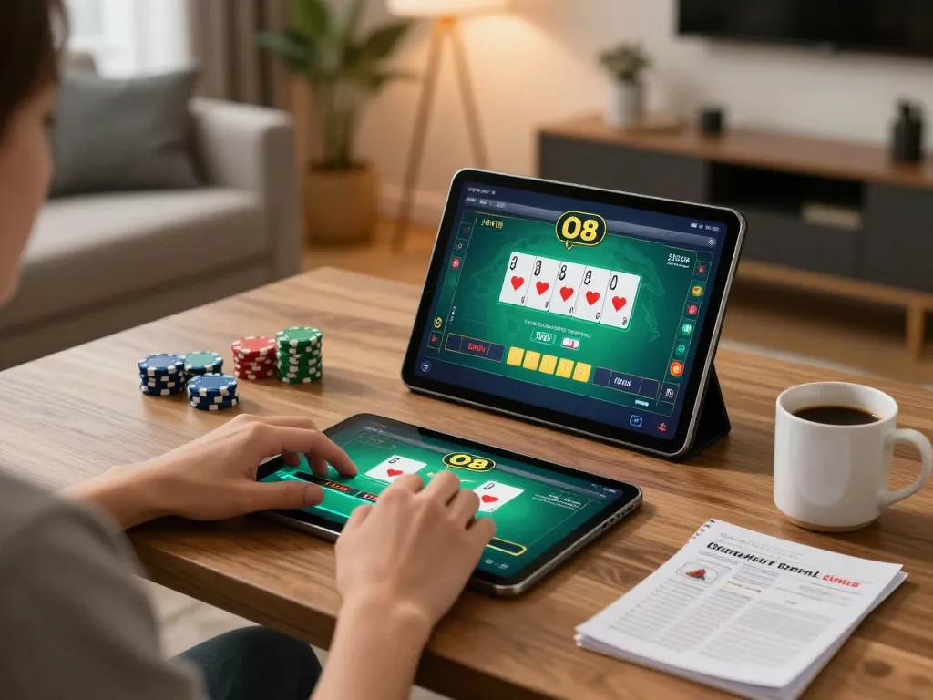 O8 online gaming setup with a player using a tablet for poker strategy.