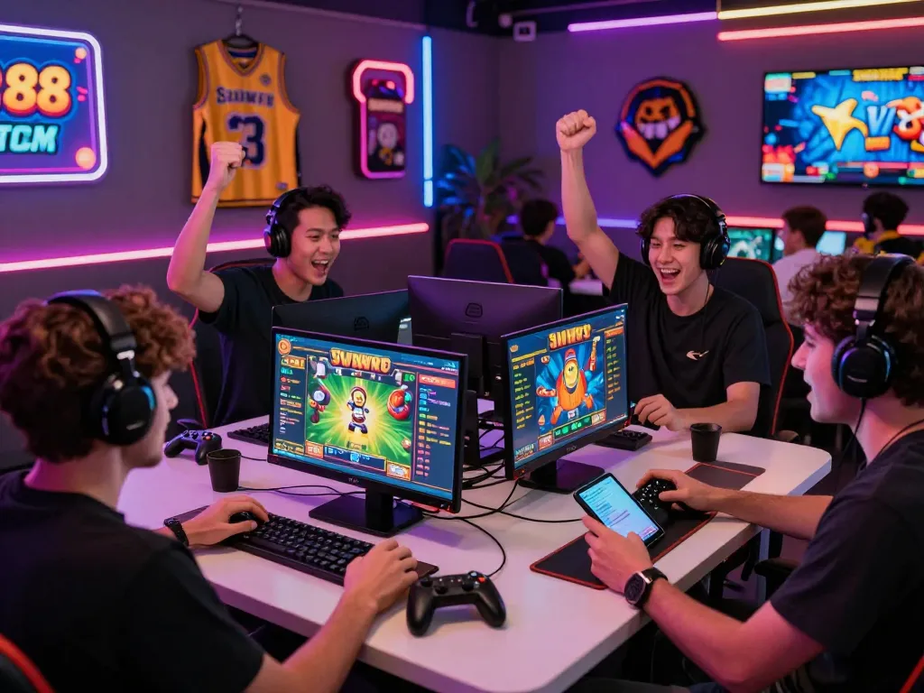 Players enjoying slot88 games in an exciting gaming lounge with bright visuals and gaming devices.