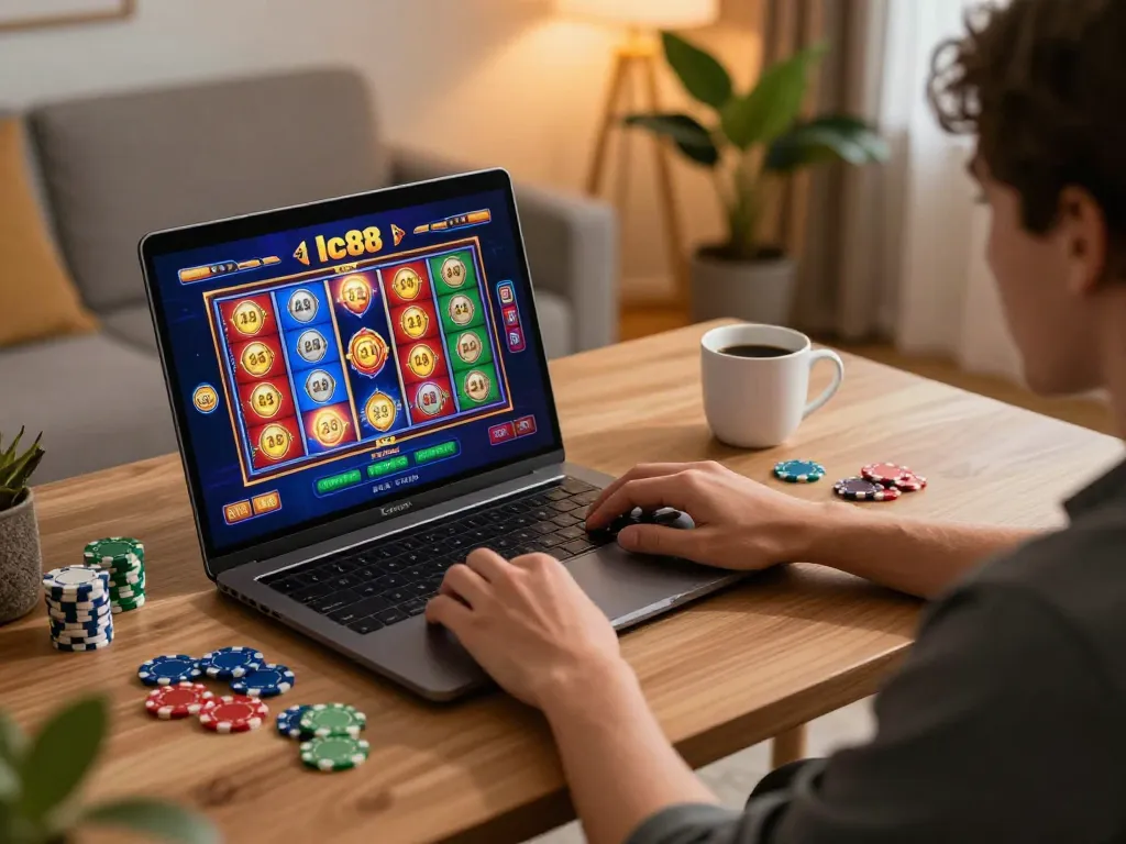 Player enjoying lc88 online gaming with vibrant slot games displayed on laptop screen.