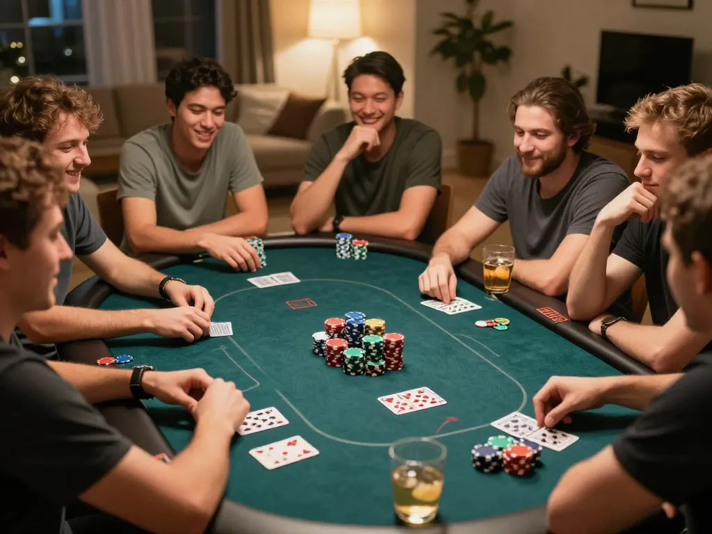 Experience seamless gaming action at luongsontv with friends around a vibrant poker table during a home game night.