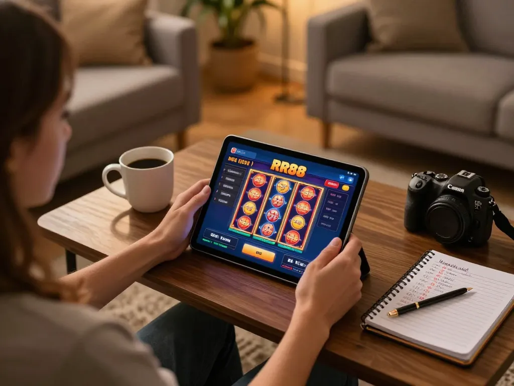 Engaging with the RR88 app for online casino gaming from a cozy home setting.