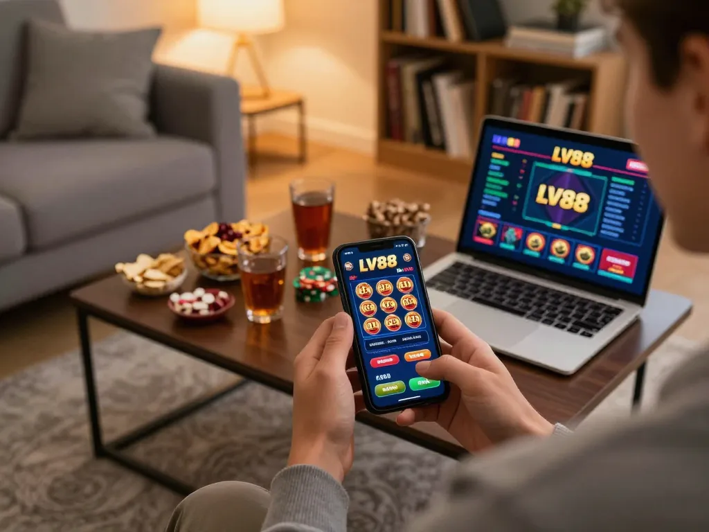 Player engaging with LV88 casino app on smartphone while enjoying an inviting home environment.