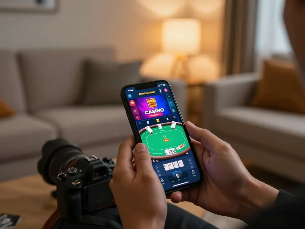 Engaged player using CM88 CASINO app on smartphone for online gambling in cozy home setting