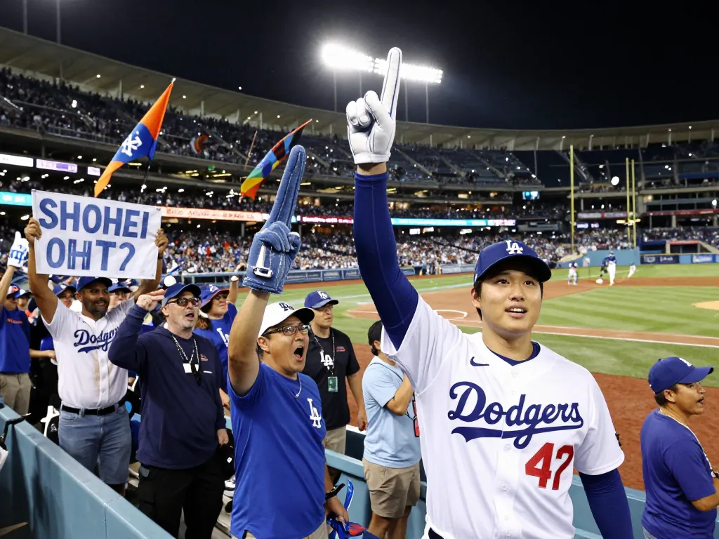 活気ある野球の試合中に大谷翔平 応援を熱心に応援するファンたち、興奮とチームスピリットを披露。