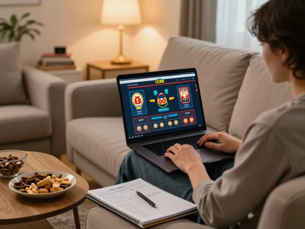 Engaging in online gambling on LC88 platform from a cozy living room setting.