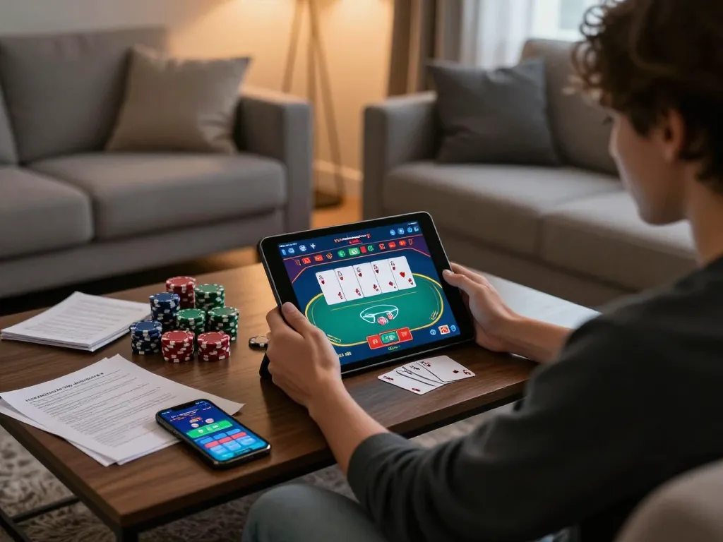 LLWIN player engaging in online poker while enjoying a cozy home environment with warm lighting.