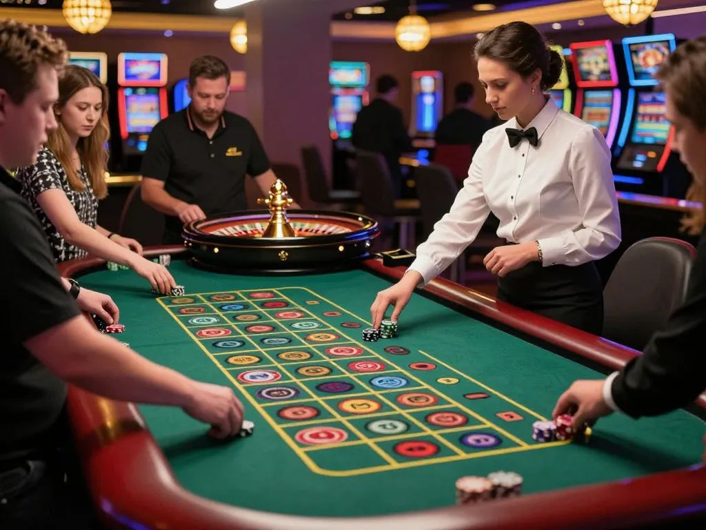 Experience gameplay at online casinos in Canada with players engaged around a roulette table