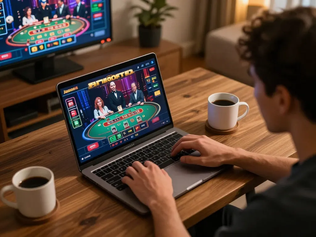 Engaging with jagoan86 live dealer game on a laptop in a cozy home setup, showcasing online gaming.