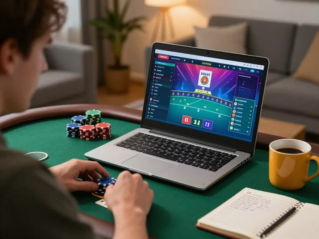 Pajaktoto player engaged in a thrilling online poker game, surrounded by chips and strategy notes, in a cozy setting.