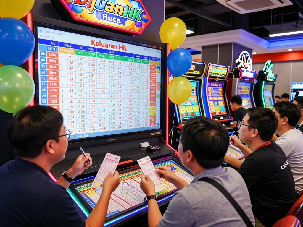 Keluaran HK live results displayed in vibrant lottery gaming hall filled with excited players celebrating a jackpot win.