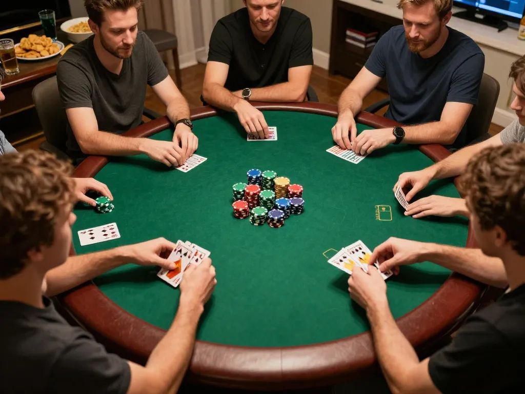 Link FB88 showcases players in an engaging home poker night atmosphere, enhancing social gaming experiences.