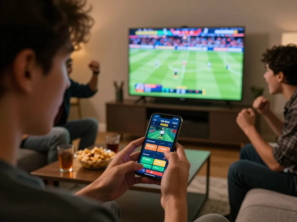 Experience thể thao mb66 betting excitement as friends engage in sports betting via smartphone during live games.
