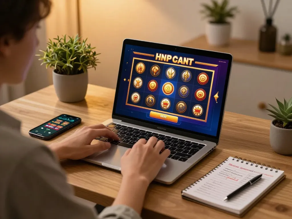 Pemain yang terlibat menikmati permainan slot online bintangmpo di laptop dalam pengaturan rumah yang nyaman.