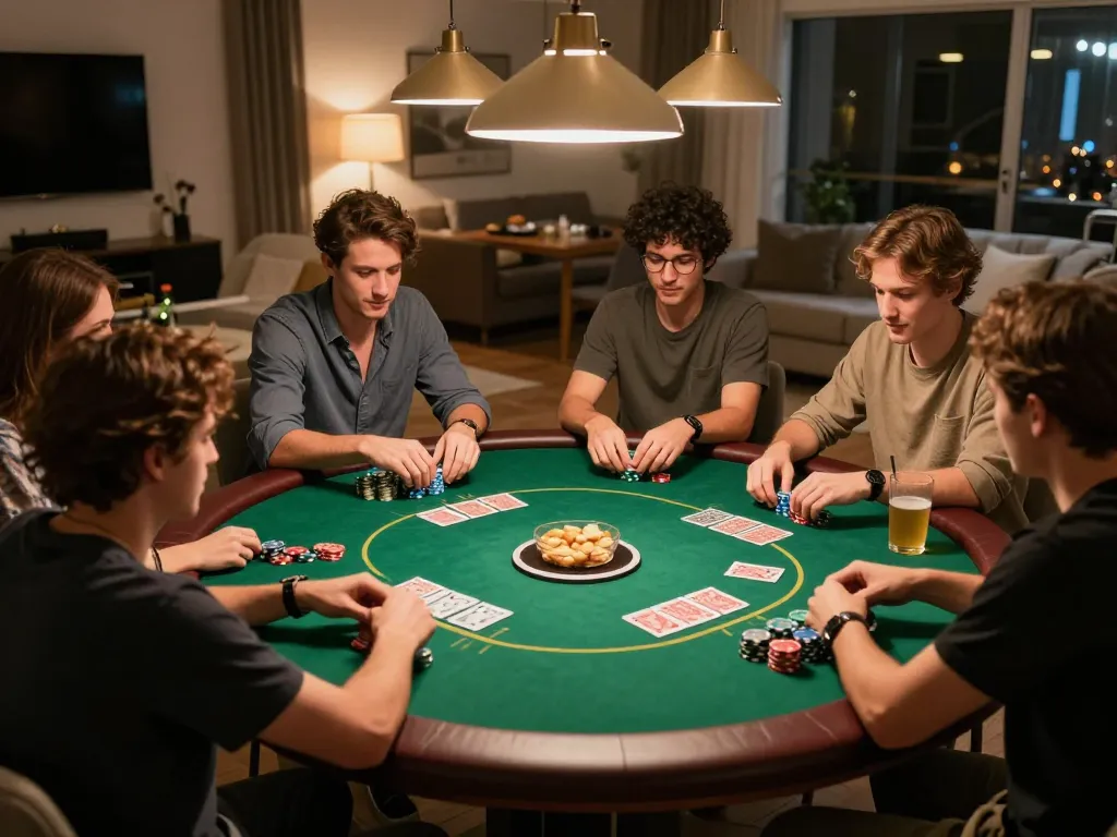 Players engaged in a lively poker game at home, showcasing strategic teamwork and camaraderie in nn888.