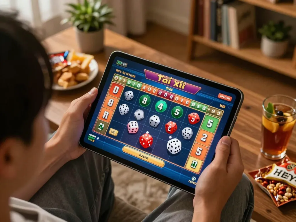 Engaging in an online tài xỉu game at home, showcasing dynamic interface and cozy atmosphere.