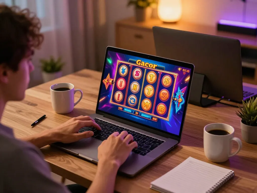 Engaging online gaming moment with slot gacor on laptop, exciting gameplay scene
